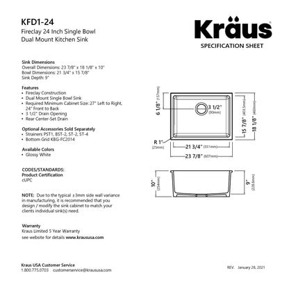 KRAUS Turino 24" Drop-In or Undermount Fireclay Kitchen Sink with Thick Mounting Deck in Gloss White - KFD1-24GWH