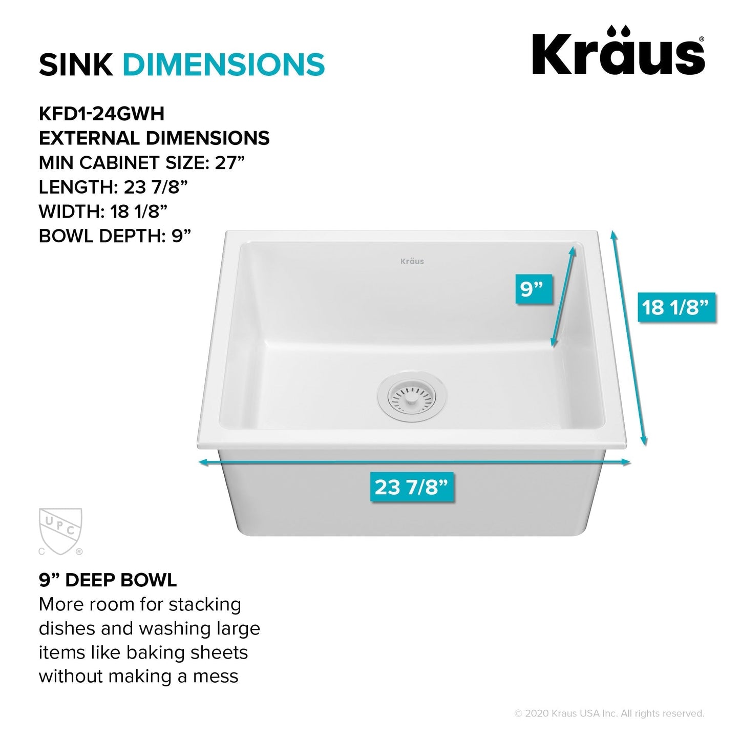 KRAUS Turino 24" Drop-In or Undermount Fireclay Kitchen Sink with Thick Mounting Deck in Gloss White - KFD1-24GWH