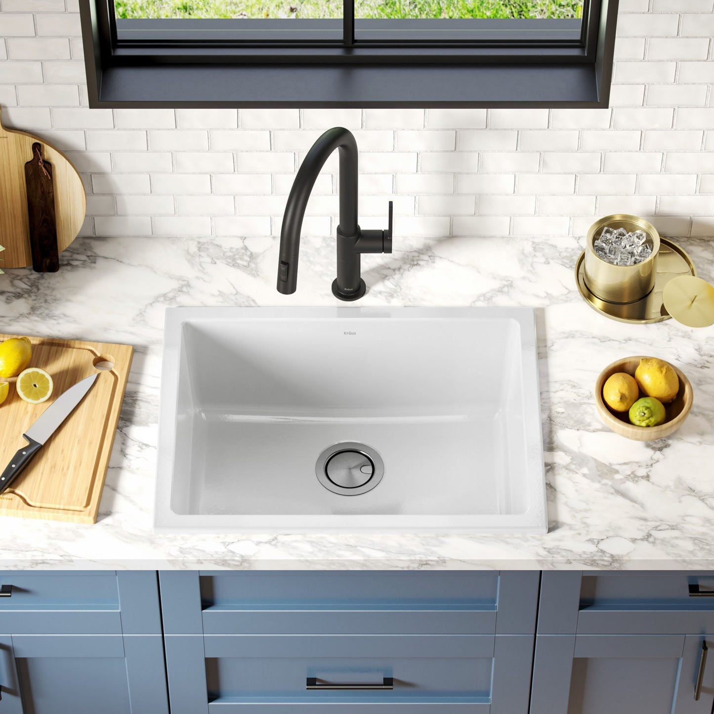 KRAUS Turino 24" Drop-In or Undermount Fireclay Kitchen Sink with Thick Mounting Deck in Gloss White - KFD1-24GWH