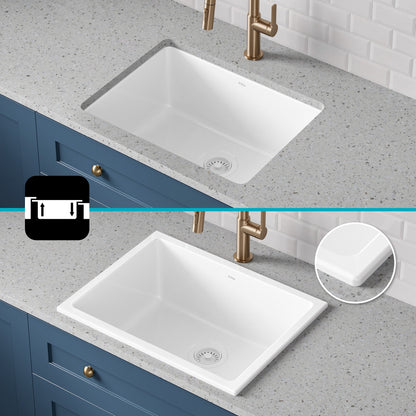 KRAUS Turino 24" Drop-In or Undermount Fireclay Kitchen Sink with Thick Mounting Deck in Gloss White - KFD1-24GWH