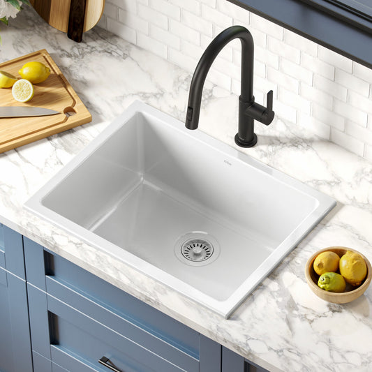 KRAUS Turino 24" Drop-In or Undermount Fireclay Kitchen Sink with Thick Mounting Deck in Gloss White - KFD1-24GWH