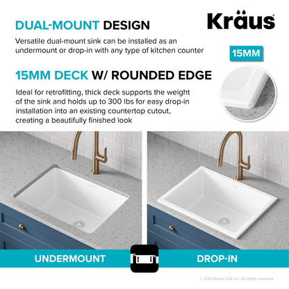 KRAUS Turino 24" Drop-In or Undermount Fireclay Kitchen Sink with Thick Mounting Deck in Gloss White - KFD1-24GWH