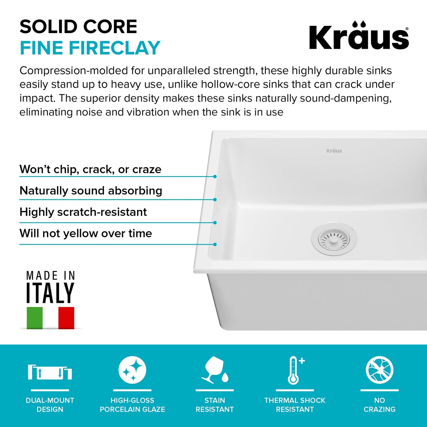 KRAUS Turino 24" Drop-In or Undermount Fireclay Kitchen Sink with Thick Mounting Deck in Gloss White - KFD1-24GWH