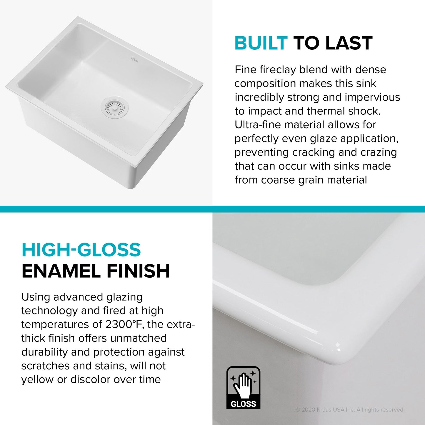 KRAUS Turino 24" Drop-In or Undermount Fireclay Kitchen Sink with Thick Mounting Deck in Gloss White - KFD1-24GWH