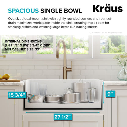 KRAUS Turino 30" Drop-In or Undermount Fireclay Kitchen Sink with Thick Mounting Deck in Gloss White - KFD1-30GWH