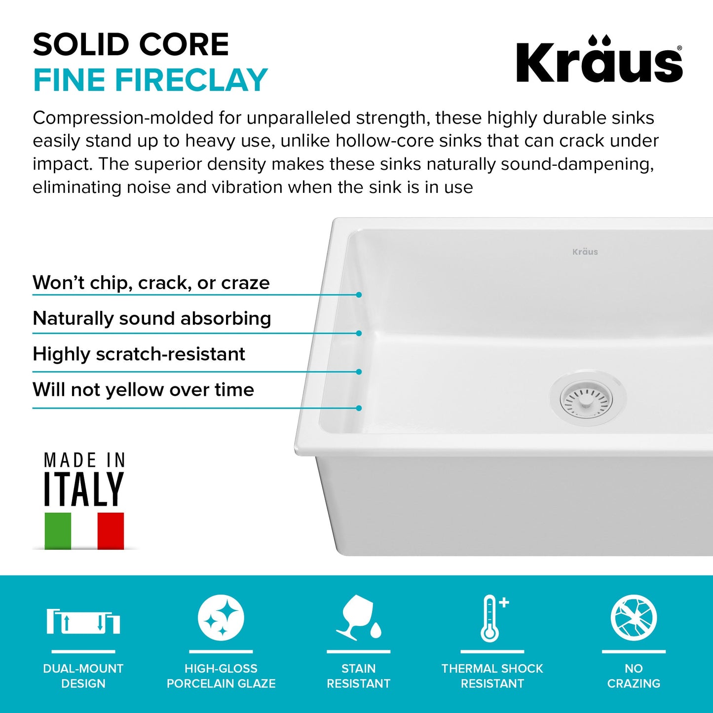 KRAUS Turino 30" Drop-In or Undermount Fireclay Kitchen Sink with Thick Mounting Deck in Gloss White - KFD1-30GWH