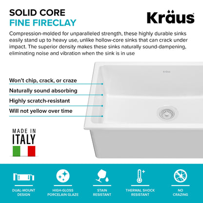 KRAUS Turino 30" Drop-In or Undermount Fireclay Kitchen Sink with Thick Mounting Deck in Gloss White - KFD1-30GWH