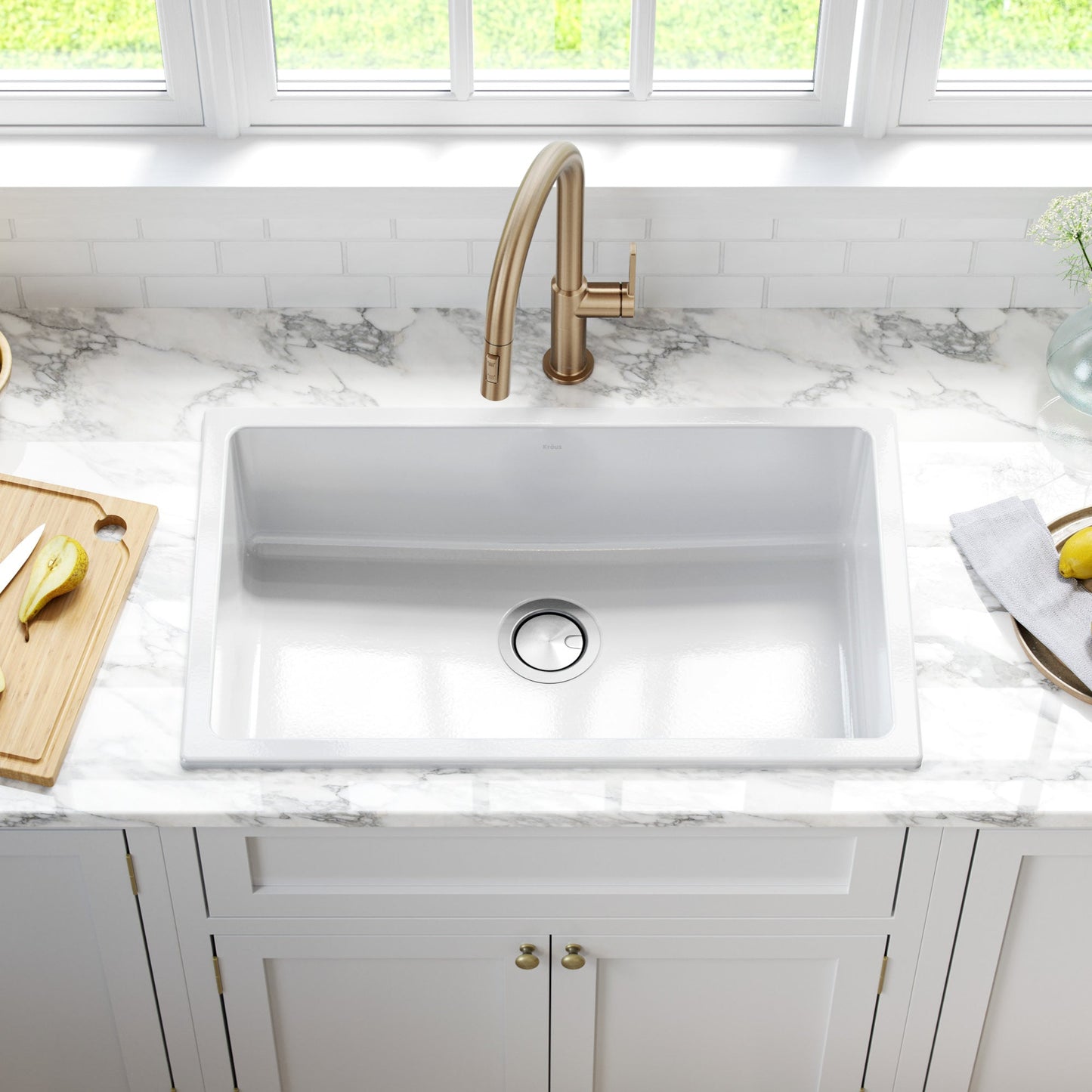 KRAUS Turino 30" Drop-In or Undermount Fireclay Kitchen Sink with Thick Mounting Deck in Gloss White - KFD1-30GWH