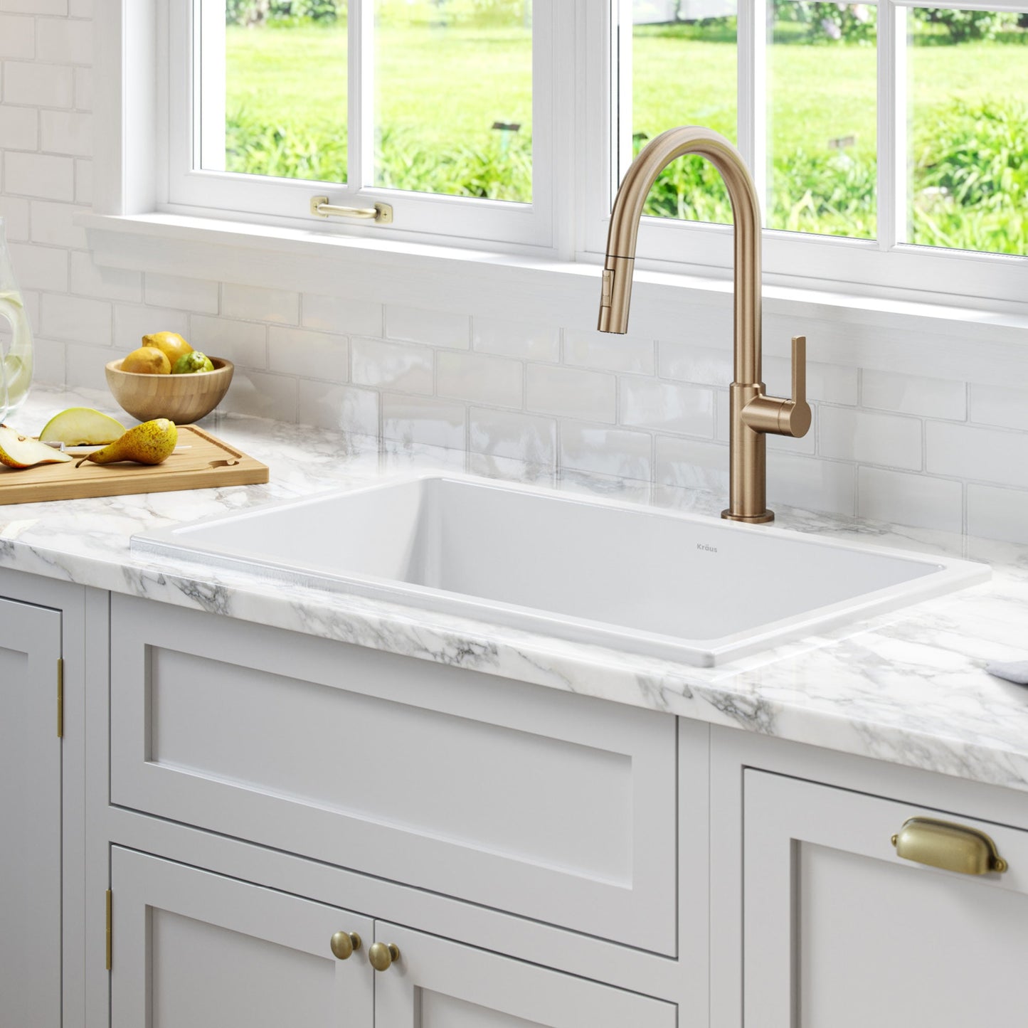 KRAUS Turino 30" Drop-In or Undermount Fireclay Kitchen Sink with Thick Mounting Deck in Gloss White - KFD1-30GWH