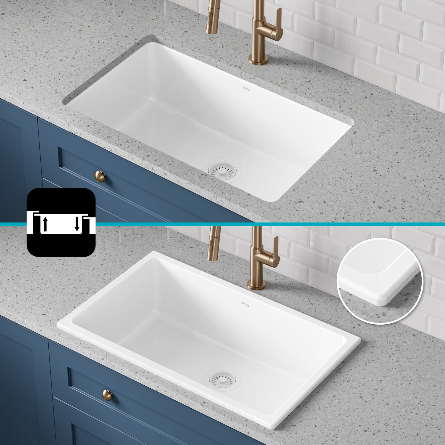KRAUS Turino 30" Drop-In or Undermount Fireclay Kitchen Sink with Thick Mounting Deck in Gloss White - KFD1-30GWH