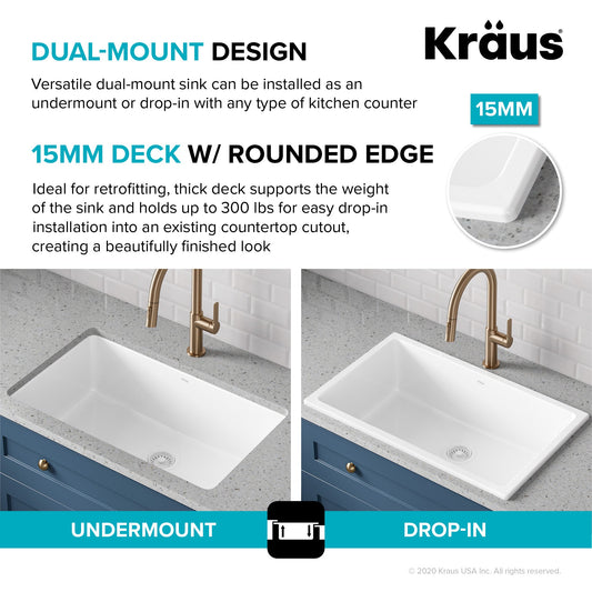 KRAUS Turino 30" Drop-In or Undermount Fireclay Kitchen Sink with Thick Mounting Deck in Gloss White - KFD1-30GWH