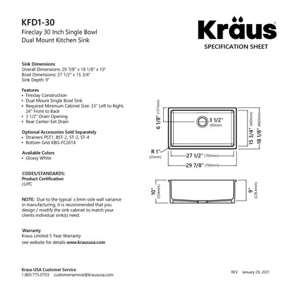 KRAUS Turino 30" Drop-In or Undermount Fireclay Kitchen Sink with Thick Mounting Deck in Gloss White - KFD1-30GWH