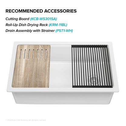 KRAUS Turino 33" Drop-In or Undermount Fireclay Workstation Kitchen Sink in Gloss White - KFDW1-33GWH