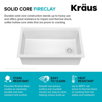 KRAUS Turino 33" Drop-In or Undermount Fireclay Workstation Kitchen Sink in Gloss White - KFDW1-33GWH