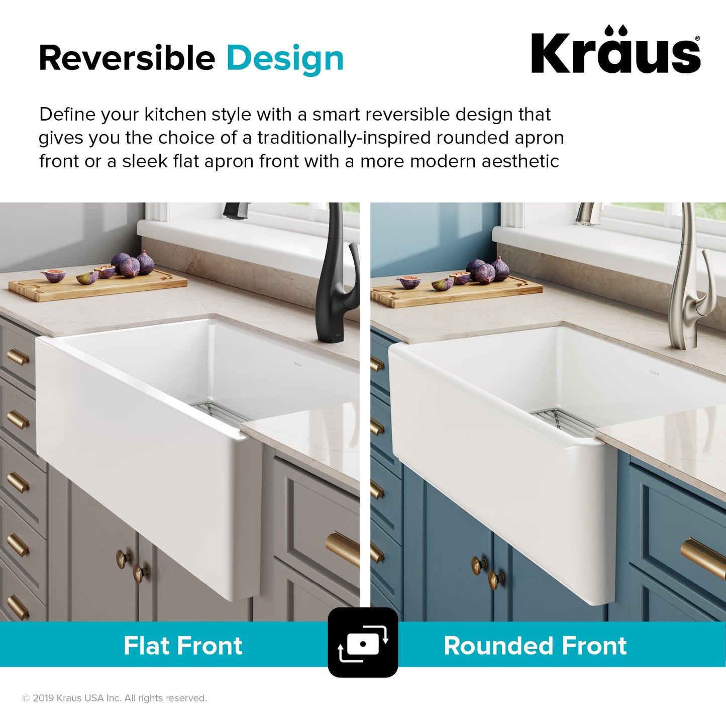 KRAUS Turino Reversible 33" Fireclay Farmhouse Flat Apron Front Single Bowl Kitchen Sink with Bottom Grid in Gloss White - KFR1-33GWH