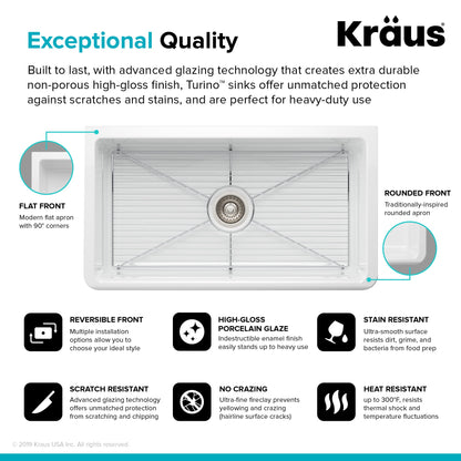 KRAUS Turino Reversible 33" Fireclay Farmhouse Flat Apron Front Single Bowl Kitchen Sink with Bottom Grid in Gloss White - KFR1-33GWH