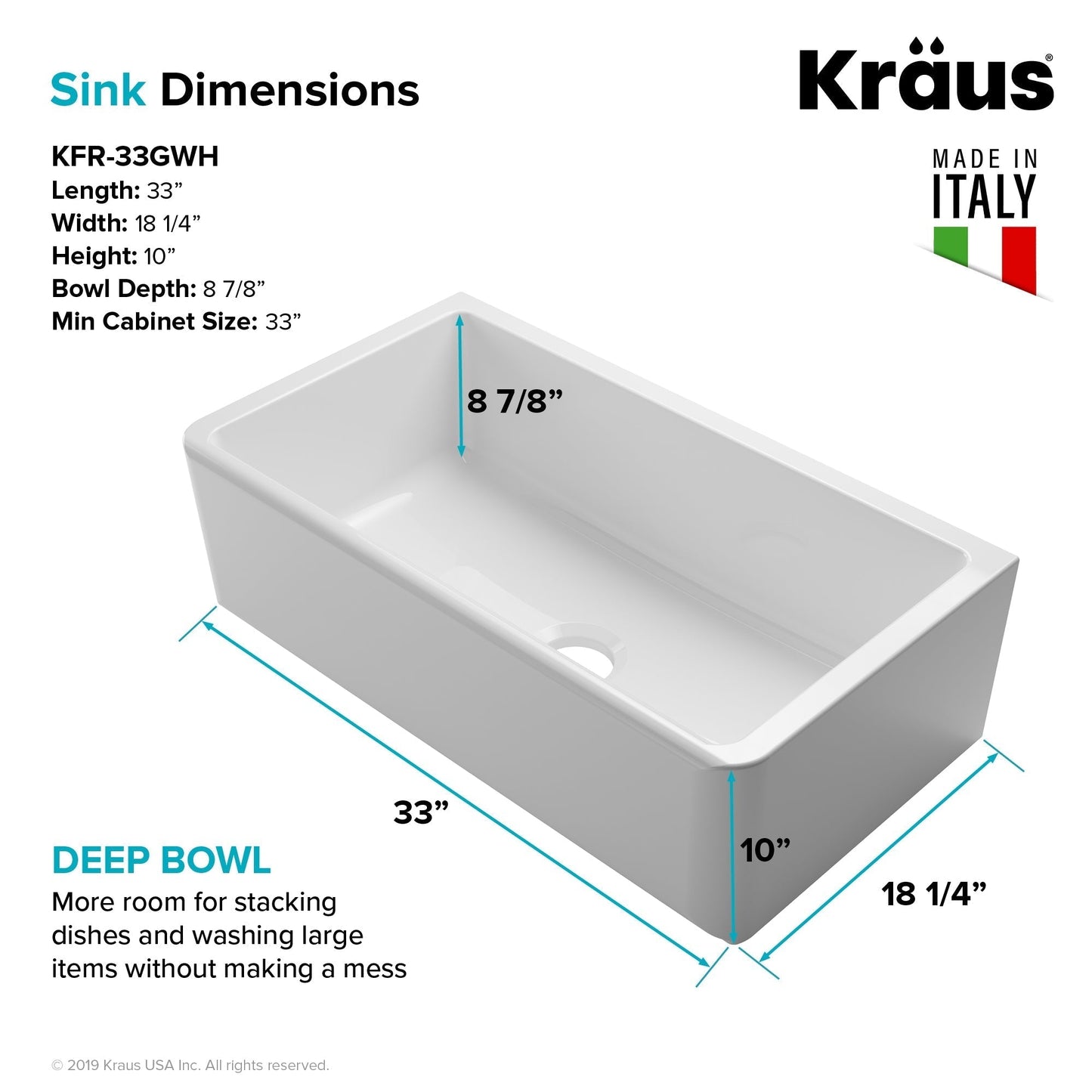 KRAUS Turino Reversible 33" Fireclay Farmhouse Flat Apron Front Single Bowl Kitchen Sink with Bottom Grid in Gloss White - KFR1-33GWH
