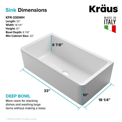 KRAUS Turino Reversible 33" Fireclay Farmhouse Flat Apron Front Single Bowl Kitchen Sink with Bottom Grid in Gloss White - KFR1-33GWH