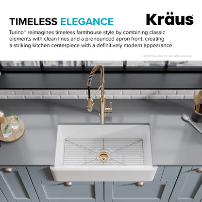 KRAUS Turino Reversible 33" Fireclay Farmhouse Flat Apron Front Single Bowl Kitchen Sink with Bottom Grid in Gloss White - KFR1-33GWH
