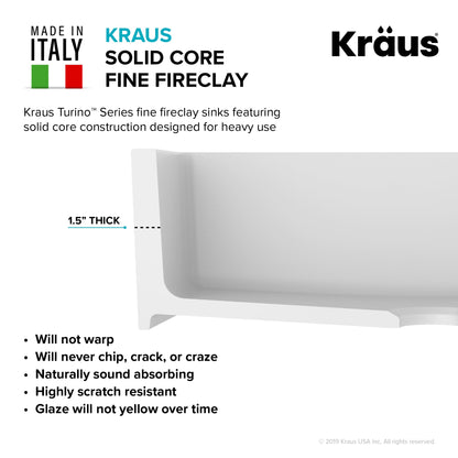 KRAUS Turino Reversible 33" Fireclay Farmhouse Flat Apron Front Single Bowl Kitchen Sink with Bottom Grid in Gloss White - KFR1-33GWH