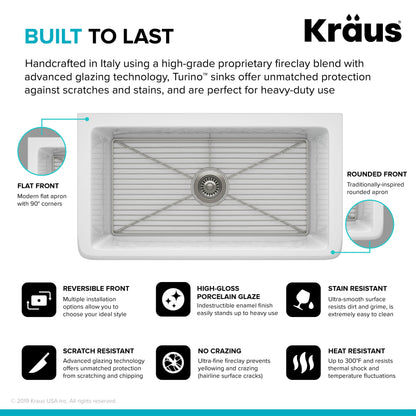 KRAUS Turino Reversible 33" Fireclay Farmhouse Flat Apron Front Single Bowl Kitchen Sink with Bottom Grid in Gloss White - KFR1-33GWH