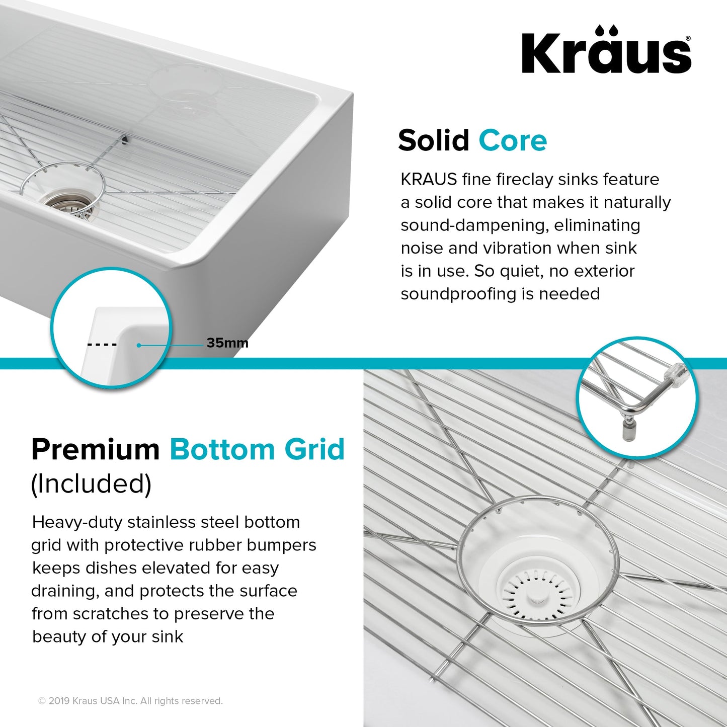 KRAUS Turino Reversible 33" Fireclay Farmhouse Flat Apron Front Single Bowl Kitchen Sink with Bottom Grid in Gloss White - KFR1-33GWH