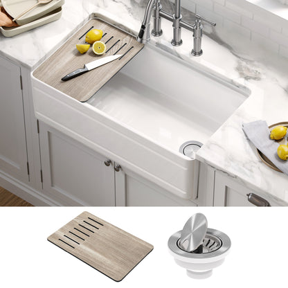 KRAUS Turino Workstation 33" Reversible Apron Front Fireclay Kitchen Sink with Accessories in Gloss White - KFR4-33GWH