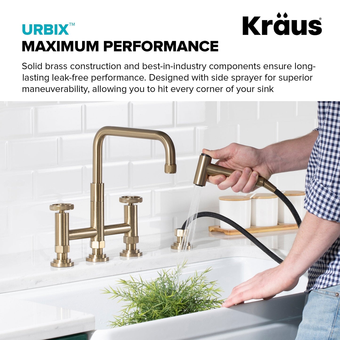 KRAUS Urbix Bridge Kitchen Faucet with Side Sprayer in Brushed Gold - KPF-3125BG