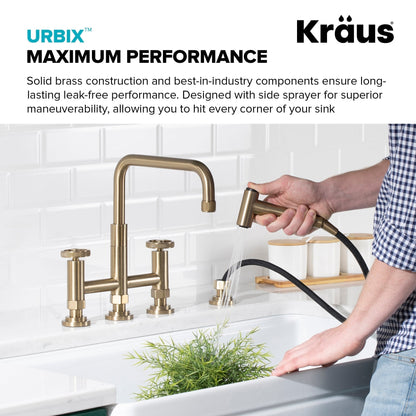 KRAUS Urbix Bridge Kitchen Faucet with Side Sprayer in Brushed Gold - KPF-3125BG