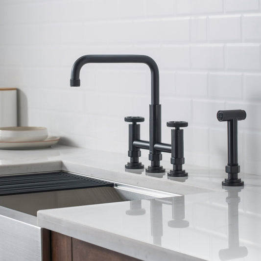 KRAUS Urbix Bridge Kitchen Faucet with Side Sprayer in Matte Black - KPF-3125MB