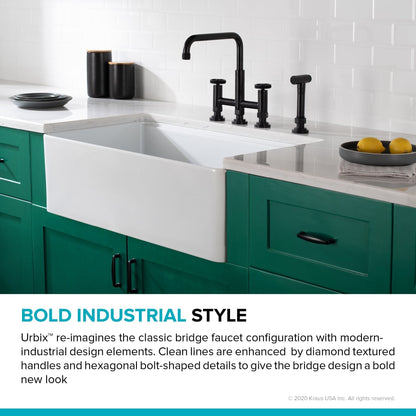KRAUS Urbix Bridge Kitchen Faucet with Side Sprayer in Matte Black - KPF-3125MB