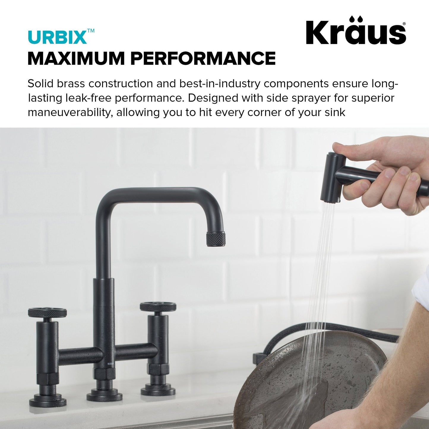 KRAUS Urbix Bridge Kitchen Faucet with Side Sprayer in Matte Black - KPF-3125MB