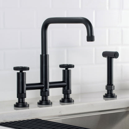 KRAUS Urbix Bridge Kitchen Faucet with Side Sprayer in Matte Black - KPF-3125MB