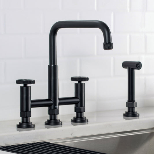 KRAUS Urbix Bridge Kitchen Faucet with Side Sprayer in Matte Black - KPF-3125MB