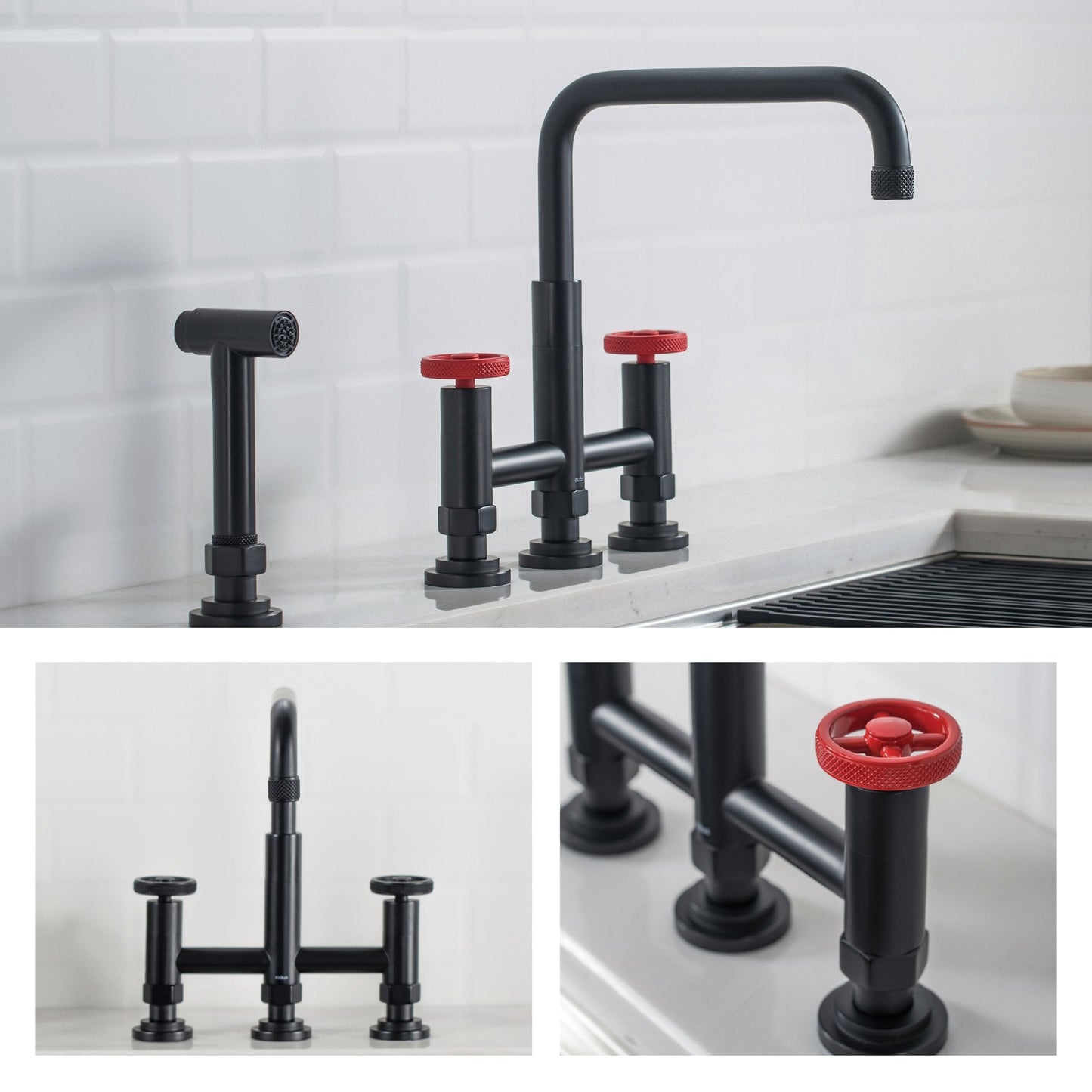 KRAUS Urbix Bridge Kitchen Faucet with Side Sprayer in Matte Black/Red - KPF-3125MBRD
