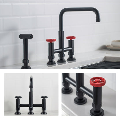 KRAUS Urbix Bridge Kitchen Faucet with Side Sprayer in Matte Black/Red - KPF-3125MBRD