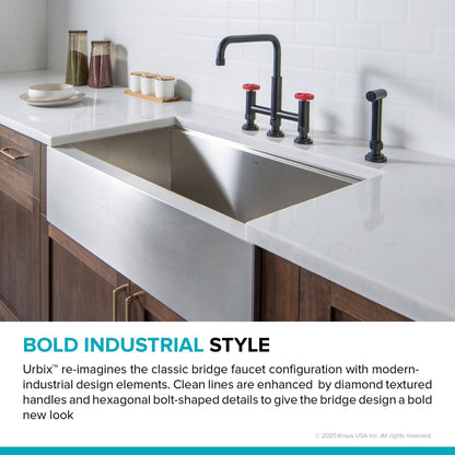 KRAUS Urbix Bridge Kitchen Faucet with Side Sprayer in Matte Black/Red - KPF-3125MBRD