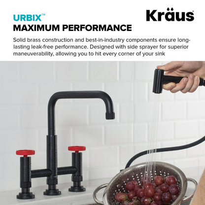 KRAUS Urbix Bridge Kitchen Faucet with Side Sprayer in Matte Black/Red - KPF-3125MBRD