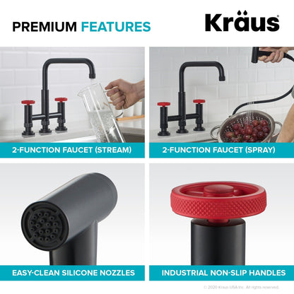 KRAUS Urbix Bridge Kitchen Faucet with Side Sprayer in Matte Black/Red - KPF-3125MBRD