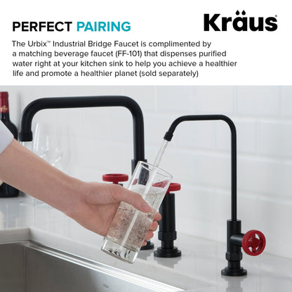KRAUS Urbix Bridge Kitchen Faucet with Side Sprayer in Matte Black/Red - KPF-3125MBRD