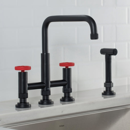 KRAUS Urbix Bridge Kitchen Faucet with Side Sprayer in Matte Black/Red - KPF-3125MBRD