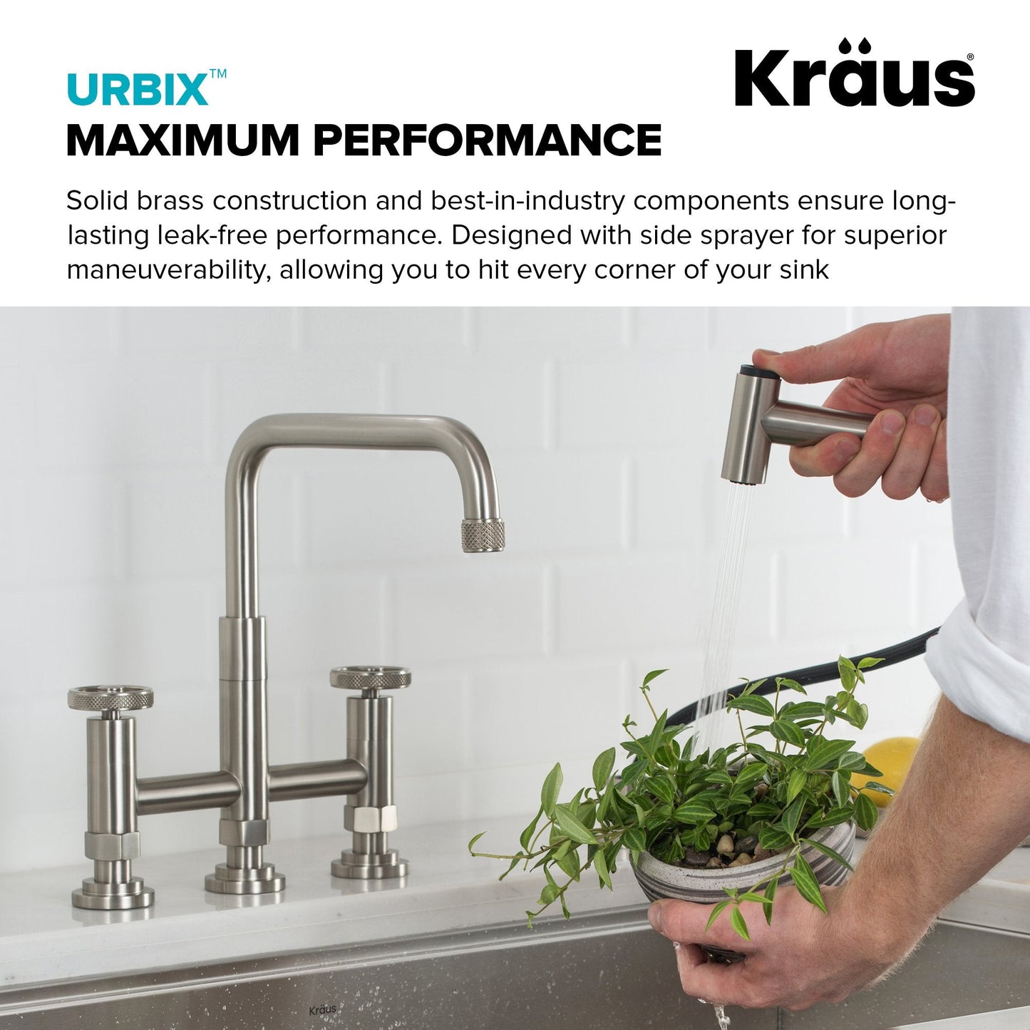 KRAUS Urbix Bridge Kitchen Faucet with Side Sprayer in Spot Free Stainless Steel - KPF-3125SFS