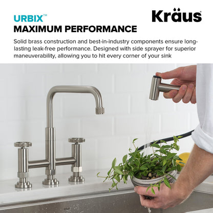 KRAUS Urbix Bridge Kitchen Faucet with Side Sprayer in Spot Free Stainless Steel - KPF-3125SFS
