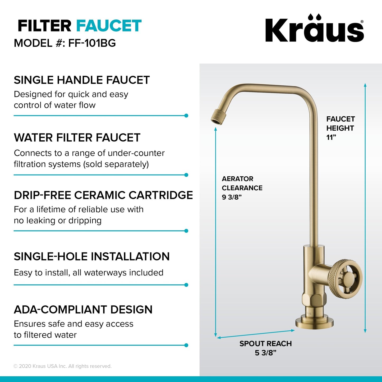 KRAUS Urbix Industrial Bridge Kitchen Faucet & Water Filter Faucet in Brushed Gold - KPF-3125-FF-101BG