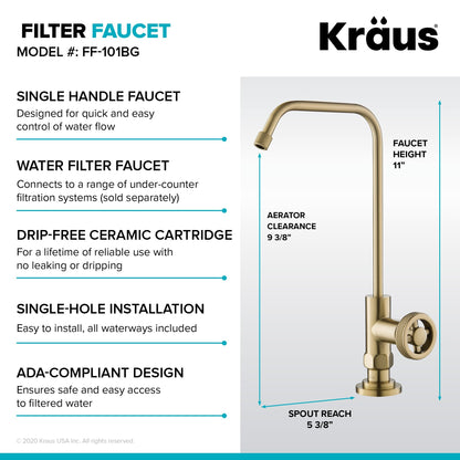 KRAUS Urbix Industrial Bridge Kitchen Faucet & Water Filter Faucet in Brushed Gold - KPF-3125-FF-101BG