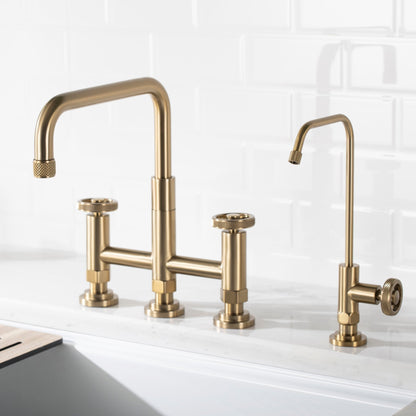 KRAUS Urbix Industrial Bridge Kitchen Faucet & Water Filter Faucet in Brushed Gold - KPF-3125-FF-101BG