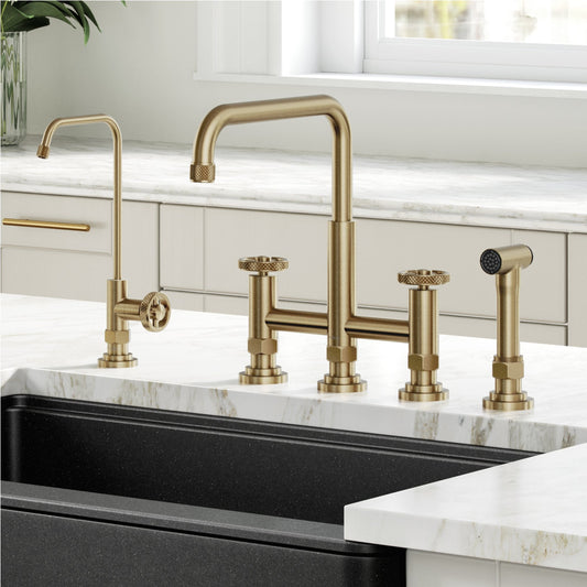KRAUS Urbix Industrial Bridge Kitchen Faucet & Water Filter Faucet in Brushed Gold - KPF-3125-FF-101BG