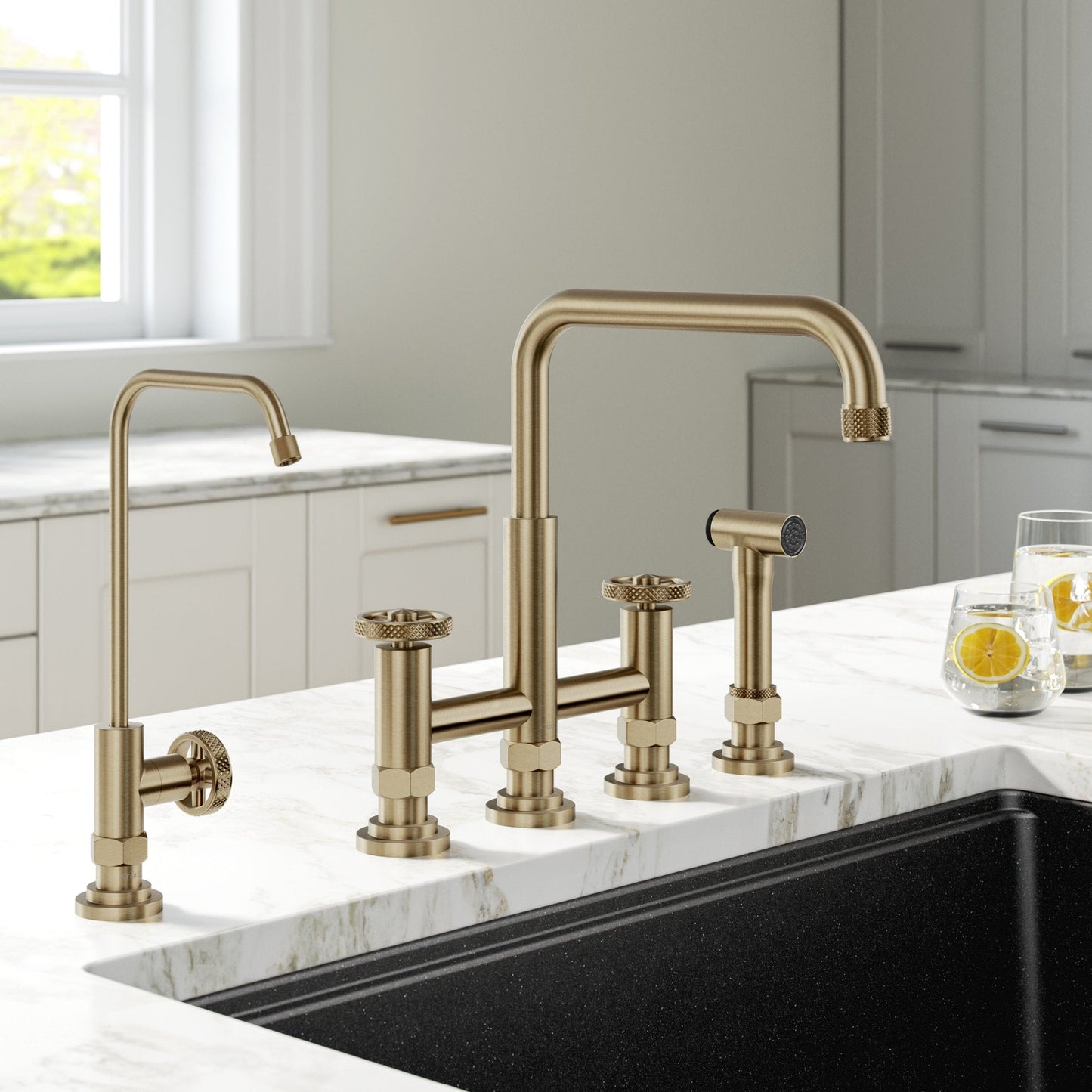 KRAUS Urbix Industrial Bridge Kitchen Faucet & Water Filter Faucet in Brushed Gold - KPF-3125-FF-101BG