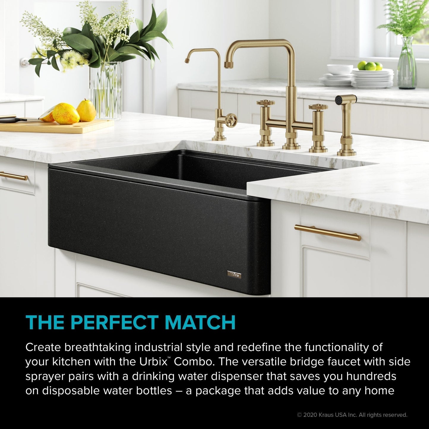 KRAUS Urbix Industrial Bridge Kitchen Faucet & Water Filter Faucet in Brushed Gold - KPF-3125-FF-101BG