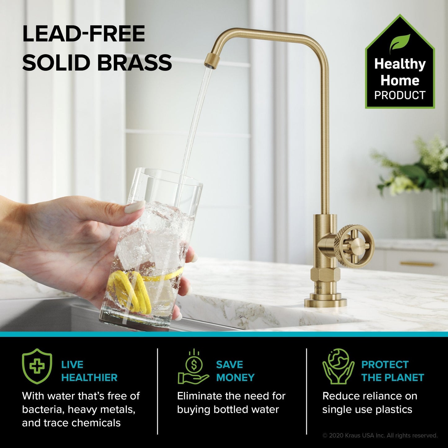 KRAUS Urbix Industrial Bridge Kitchen Faucet & Water Filter Faucet in Brushed Gold - KPF-3125-FF-101BG